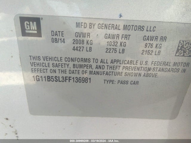 Chevrolet MALIBU LS 2015 1G11B5SL3FF136981 Image 9