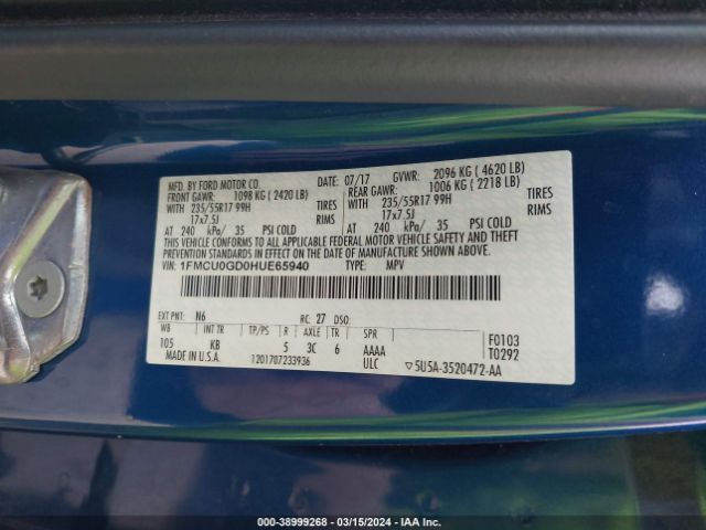 1FMCU0GD0HUE65940 Ford ESCAPE SE