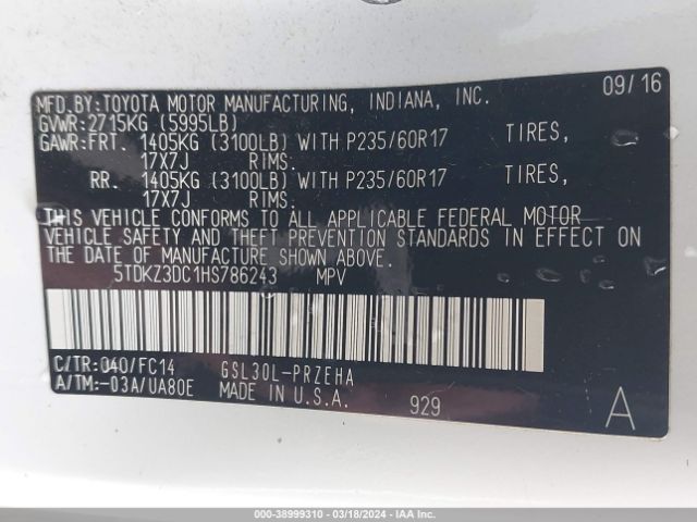 5TDKZ3DC1HS786243 Toyota Sienna Le 8 Passenger
