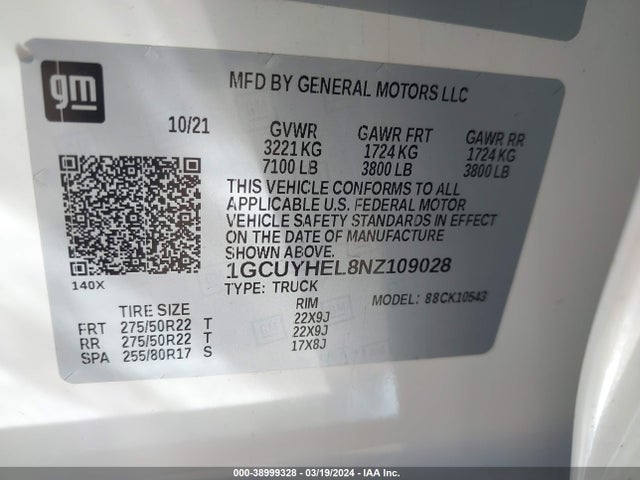 38999328 :رقم المزاد ، 1GCUYHEL8NZ109028 vin ، 2022 Chevrolet Silverado 1500 Ltd 4wd  Short Bed High Country مزاد بيع