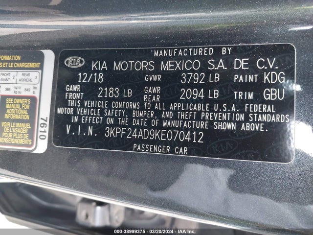 2019 Kia Forte Lxs მანქანა იყიდება აუქციონზე, vin: 3KPF24AD9KE070412, აუქციონის ნომერი: 38999375