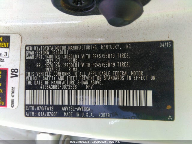 Toyota VENZA LE 2015 4T3BA3BB9FU073586 Image 9