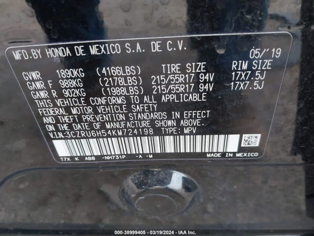 Honda HR-V EX 2019 3CZRU6H54KM724198 Image 9