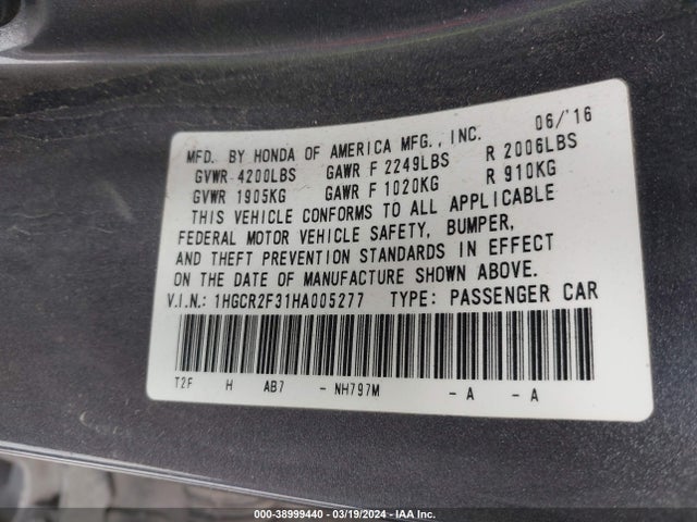 Honda ACCORD LX 2017 1HGCR2F31HA005277 Image 9
