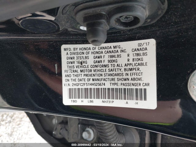 Honda Civic Lx 2017 2HGFC2F51HH525674 Image 9