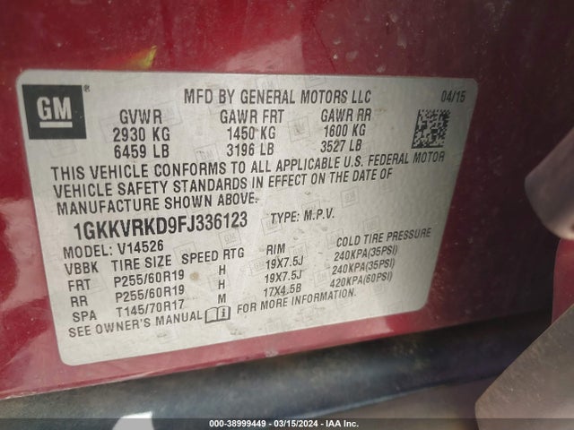 GMC Acadia Slt-1 2015 1GKKVRKD9FJ336123 Image 9