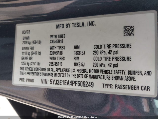 Tesla Model 3 Rear-wheel Drive 2023 5YJ3E1EA4PF509249 Image 9