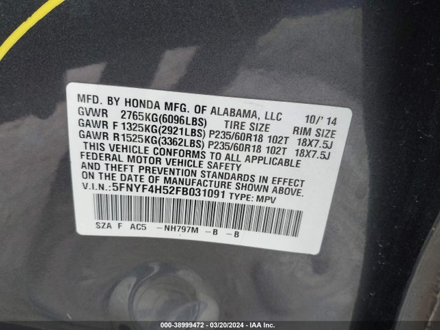 Honda Pilot Ex-l 2015 5FNYF4H52FB031091 Image 9