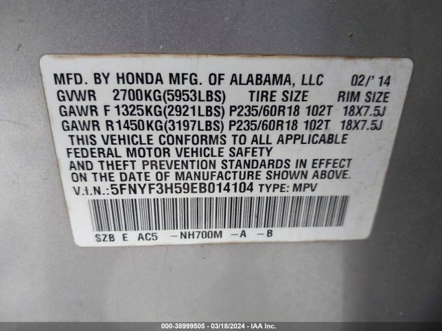 Honda Pilot Ex-l 2014 5FNYF3H59EB014104 Image 9