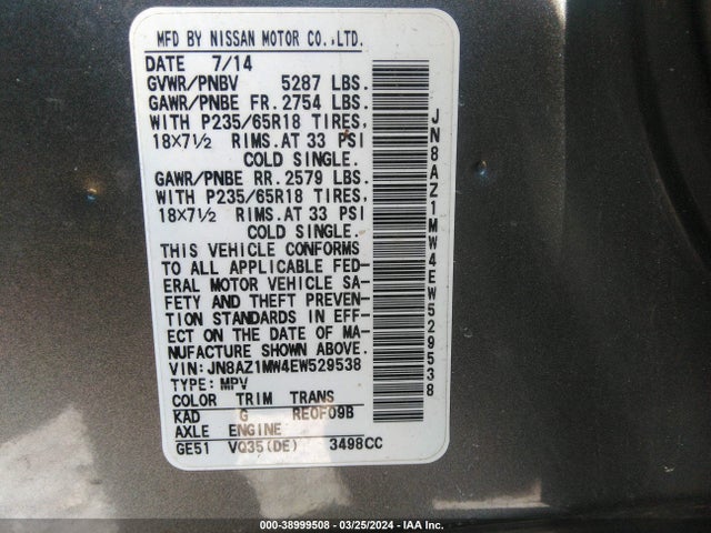Nissan MURANO SV 2014 JN8AZ1MW4EW529538 Image 9
