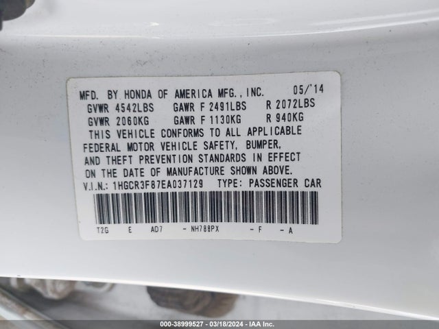 Honda Accord Ex-l V-6 2014 1HGCR3F87EA037129 Image 9