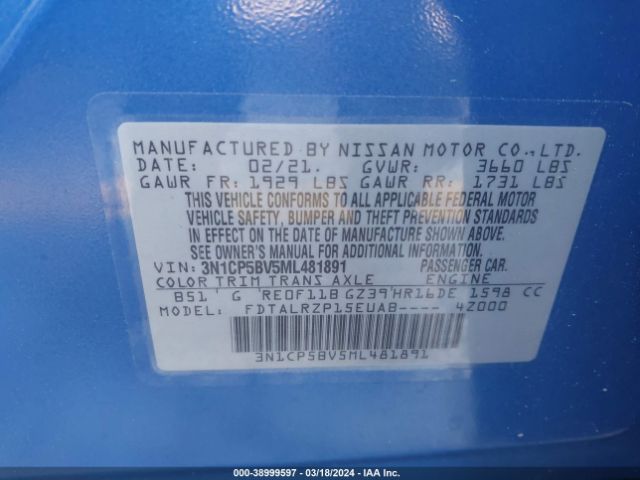 3N1CP5BV5ML481891 Nissan Kicks S Xtronic Cvt