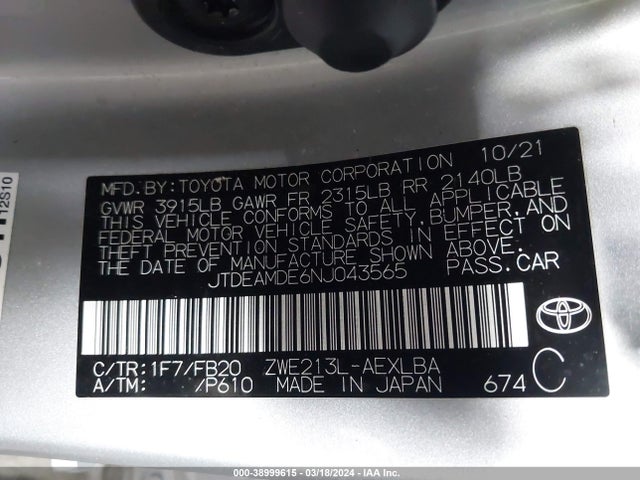 Toyota Corolla Hybrid Le 2022 JTDEAMDE6NJ043565 Image 9