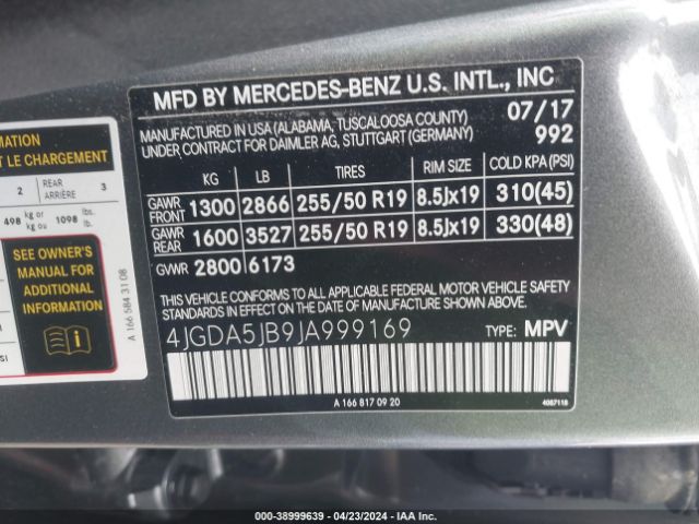4JGDA5JB9JA999169 Mercedes-Benz GLE 350