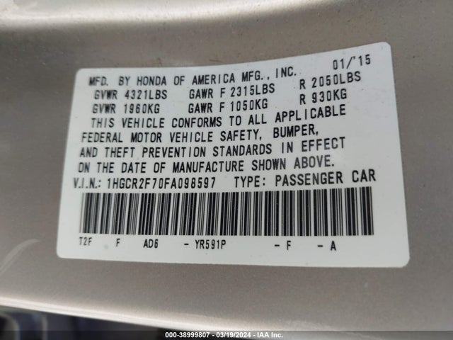 Honda ACCORD EX 2015 1HGCR2F70FA098597 Image 8