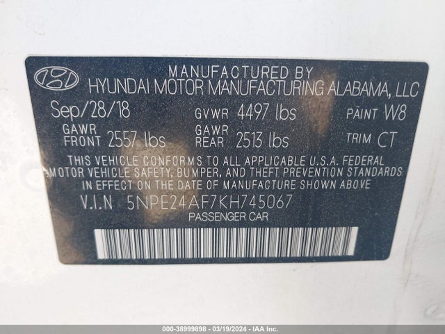 Hyundai SONATA SE 2019 5NPE24AF7KH745067 Image 9