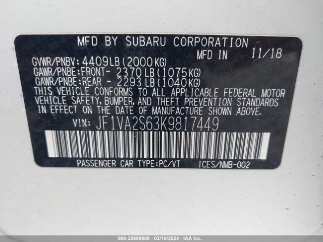 JF1VA2S63K9817449 Subaru Wrx Sti