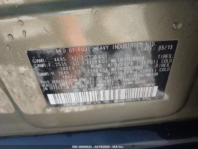 Subaru Outback 2.5i Limited 2015 4S4BSBNC3F3346922 Image 9