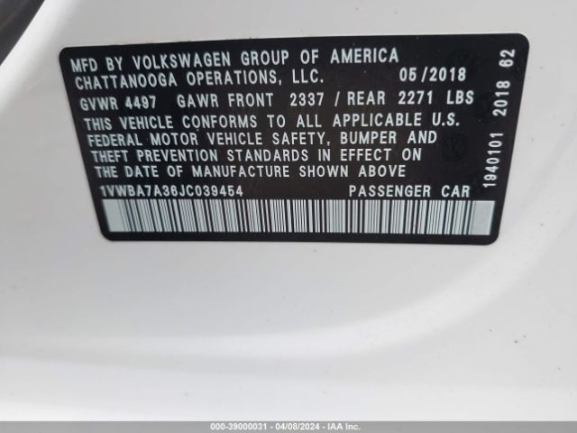 1VWBA7A36JC039454 Volkswagen Passat 2.0t Se