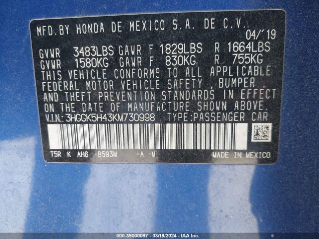 3HGGK5H43KM730998 Honda FIT LX