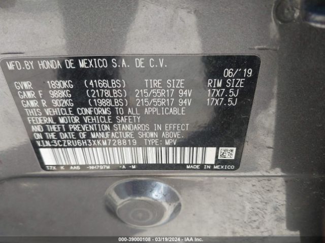 3CZRU6H3XKM728819 Honda HR-V LX