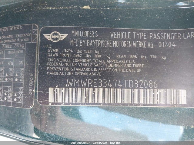 2004 MINI COOPER S WMWRE33474TD82086 Photo 8