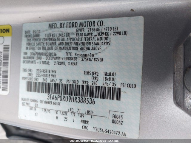 Ford Fusion Hybrid Titanium 2017 3FA6P0RU9HR388536 Image 9