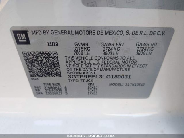 3GTP9EEL3LG180031 GMC Sierra 1500 4wd  Short Box At4