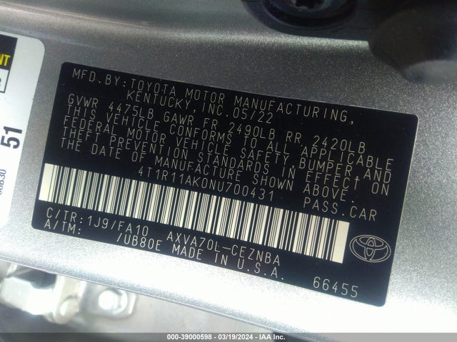 Toyota CAMRY LE 2022 4T1R11AK0NU700431 Image 9