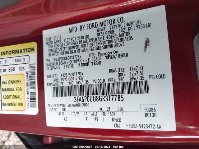 Ford Fusion Hybrid S 2016 3FA6P0UU8GR317785 Image 9