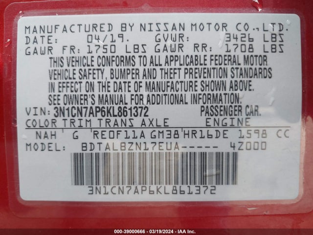 Nissan Versa 1.6 Sv 2019 3N1CN7AP6KL861372 Image 9