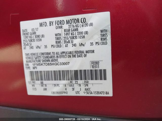 1FM5K7D85HGC33007 Ford EXPLORER XLT