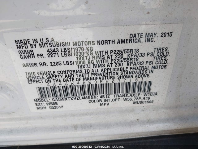 4A4AR4AW3FE037181 Mitsubishi Outlander Sport Gt