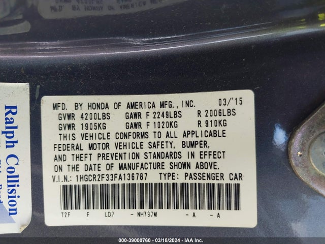 Honda ACCORD LX 2015 1HGCR2F33FA136787 Image 9