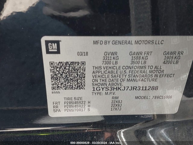 1GYS3HKJ7JR311288 Cadillac Escalade Esv Luxury
