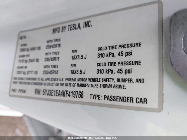 Tesla Model 3 Long Range/mid Range/standard Range/standard Range Plus 2019 5YJ3E1EA4KF419768 Image 9