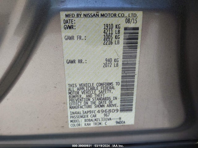 Nissan Altima 2.5 Sv 2015 1N4AL3AP9FC496809 Image 9