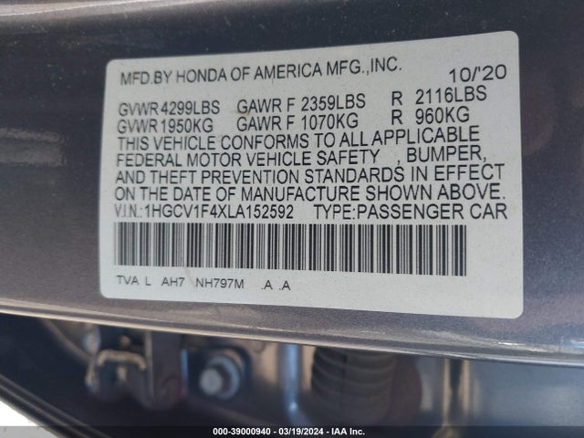 Honda ACCORD EX 2020 1HGCV1F4XLA152592 Image 9