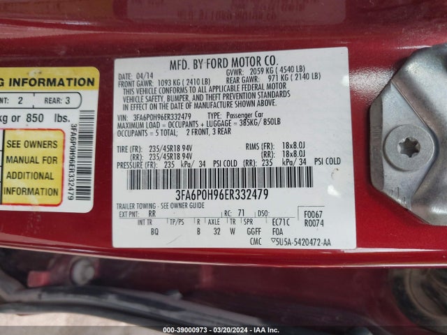 Ford FUSION SE 2014 3FA6P0H96ER332479 Image 9