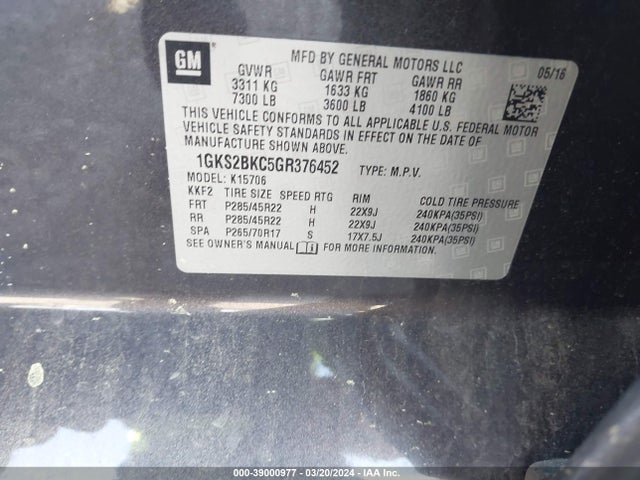 GMC YUKON SLT 2016 1GKS2BKC5GR376452 Image 9