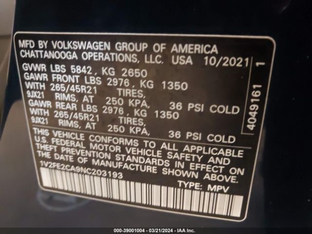 1V2FE2CA9NC203193 Volkswagen Atlas Cross Sport 3.6l V6 Sel Premium R-line