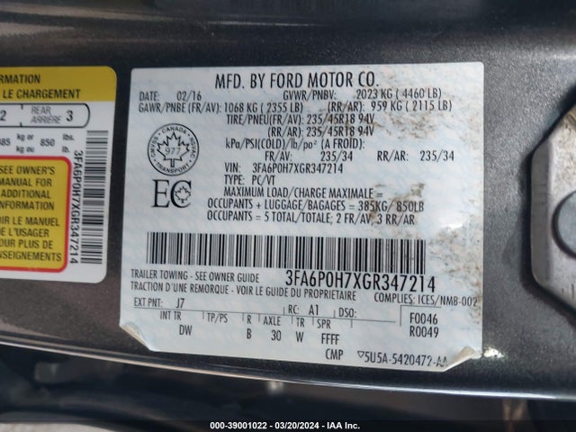 Ford FUSION SE 2016 3FA6P0H7XGR347214 Image 9