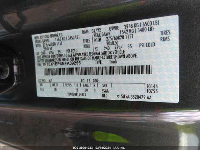 1FTEX1EP4NFA39255 Ford F-150 Xl