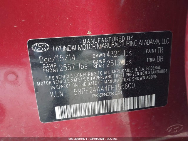 Hyundai SONATA ECO 2015 5NPE24AA4FH155600 Image 9
