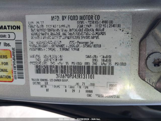 3FA6P0PU4JR131101 Ford Fusion Energi Se Luxury