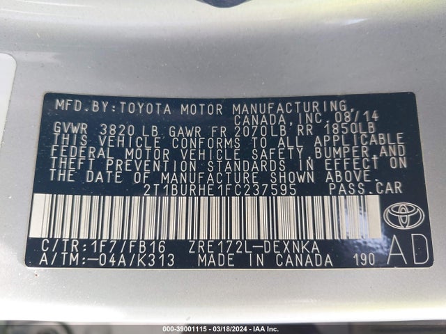 Toyota Corolla Le Plus 2015 2T1BURHE1FC237595 Image 9