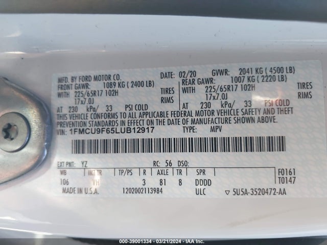 Ford ESCAPE S 2020 1FMCU9F65LUB12917 Image 9