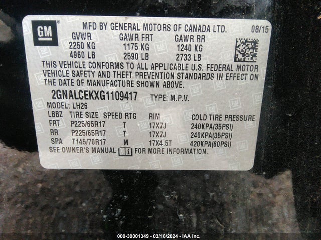 Chevrolet EQUINOX LT 2016 2GNALCEKXG1109417 Image 9