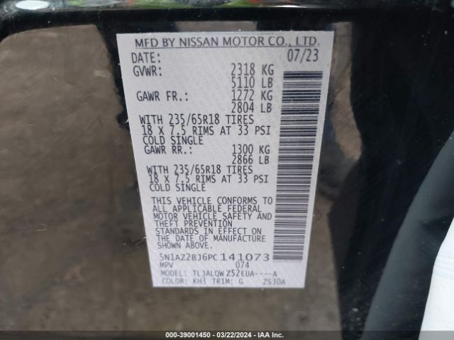 5N1AZ2BJ6PC141073 Nissan Murano Sv Fwd