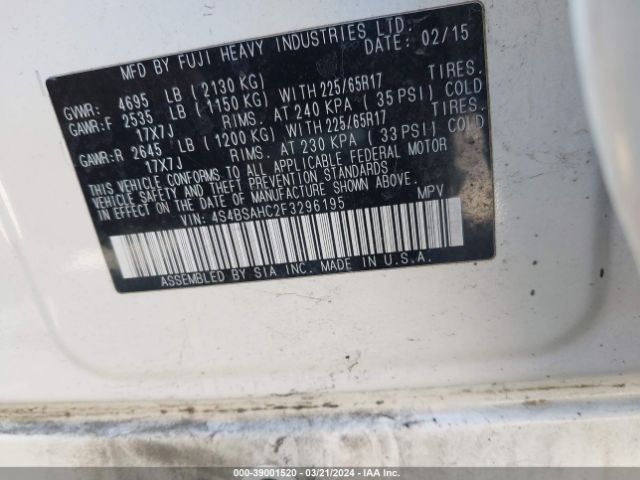 4S4BSAHC2F3296195 Subaru Outback 2.5i Premium